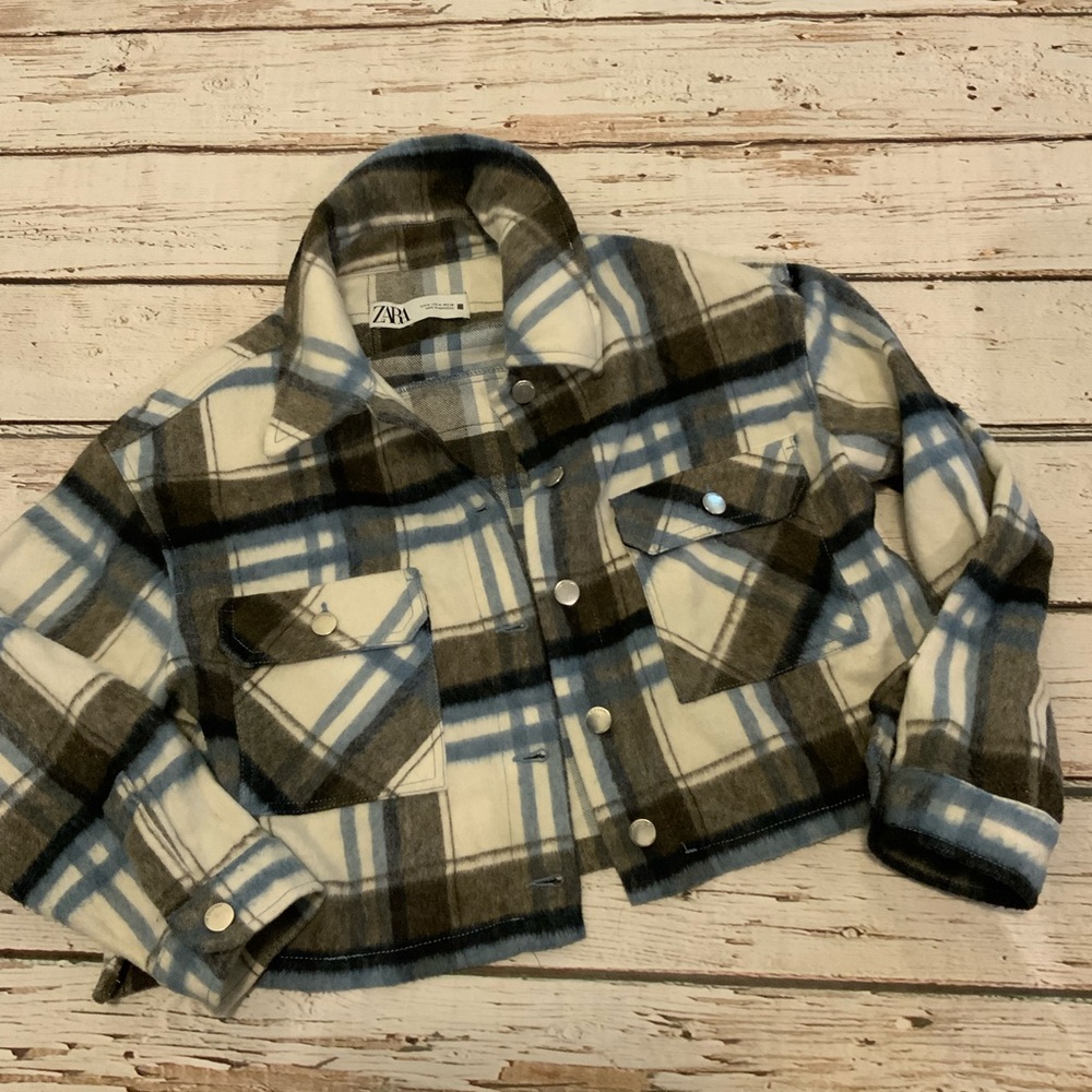 Zara Cropped Plaid Shacket M Blue Cream - Soft Girl Coastal Grandma Aesthetic